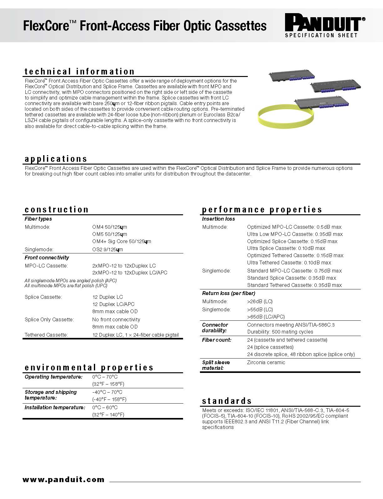 FlexCore™ Front-Access Fiber Optic Cassettes Spec Sheet